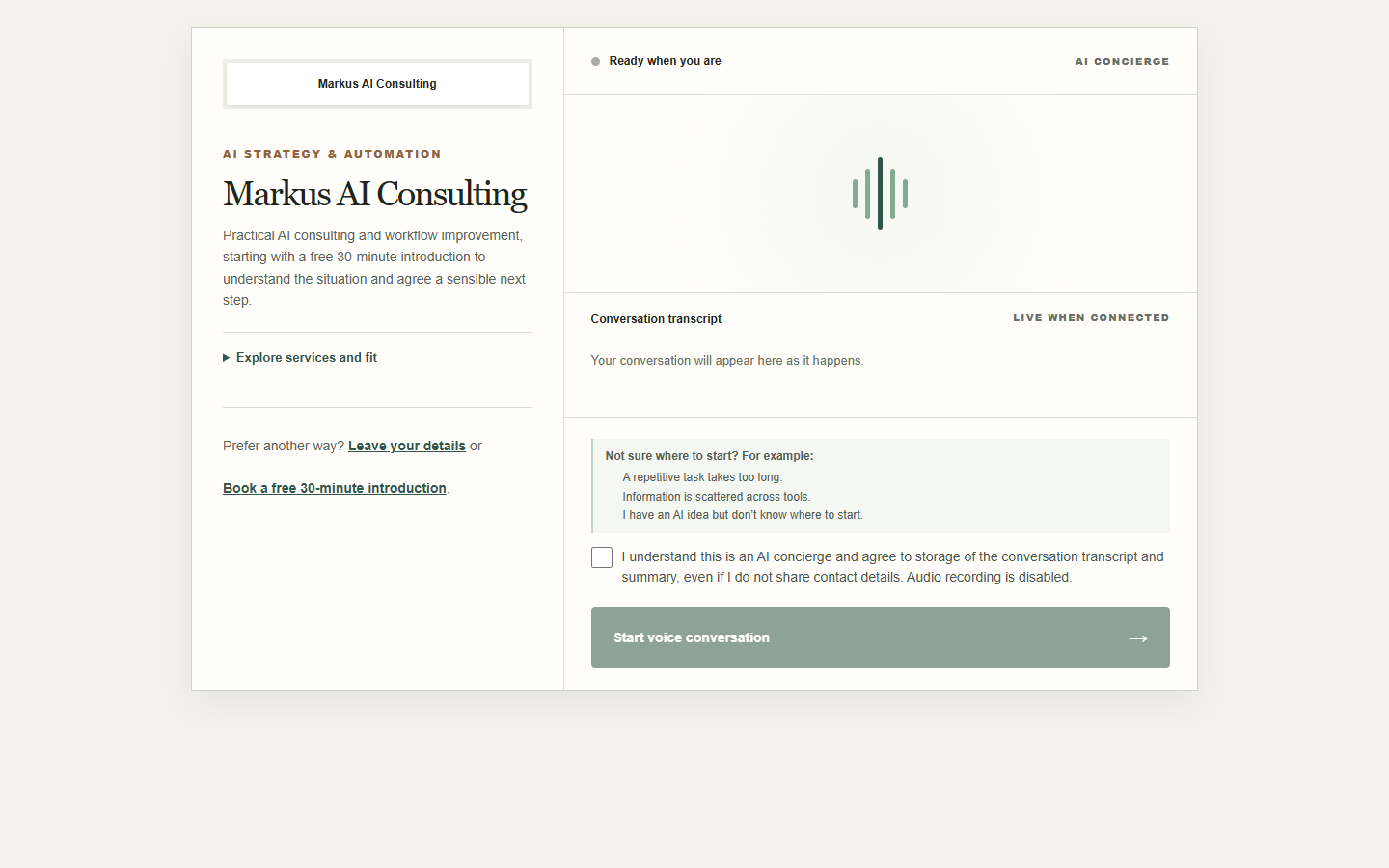 VoiceCloser website assistant with transcript, consent and conversation controls